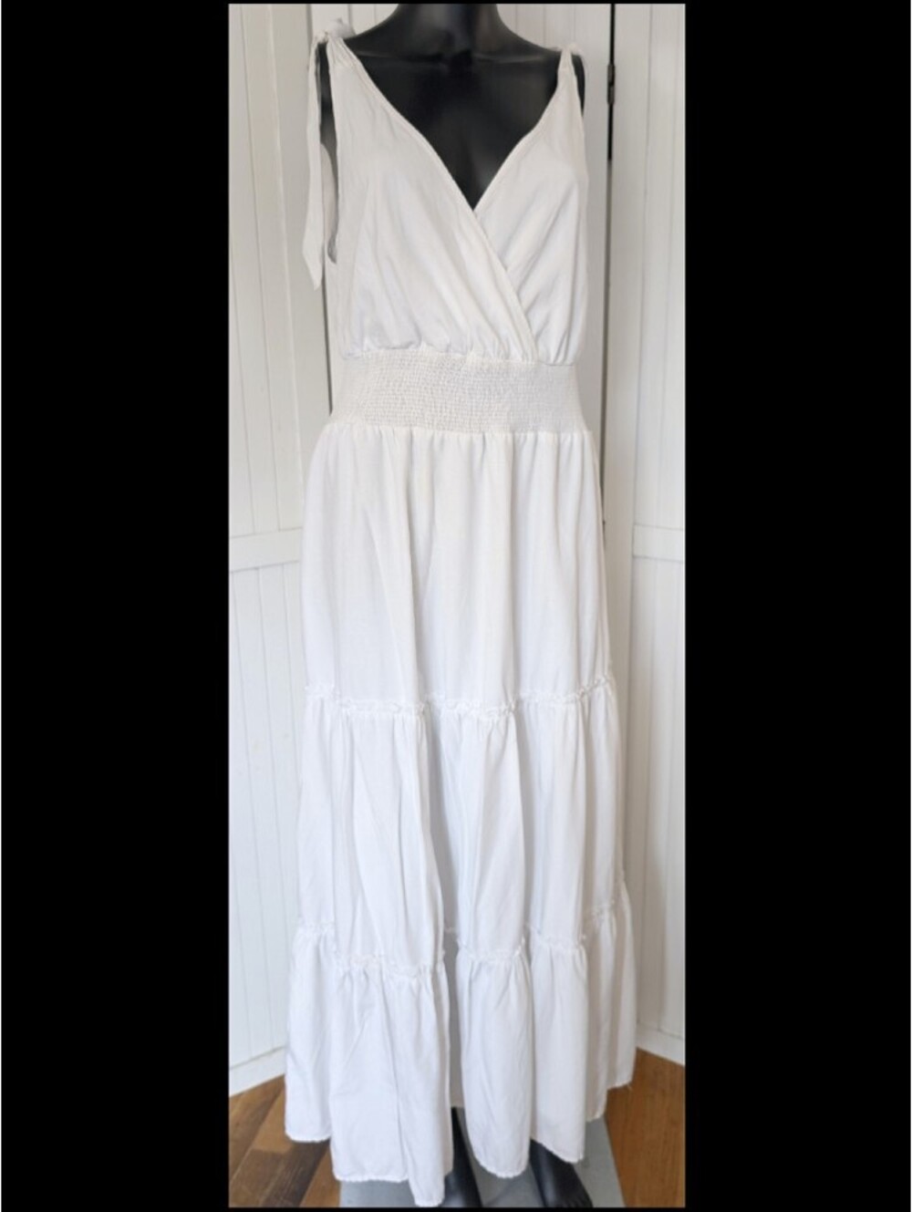 White Tie Shoulder Maxi Dress Womens L Boho Smocked Waist Lined Tiered V Neck